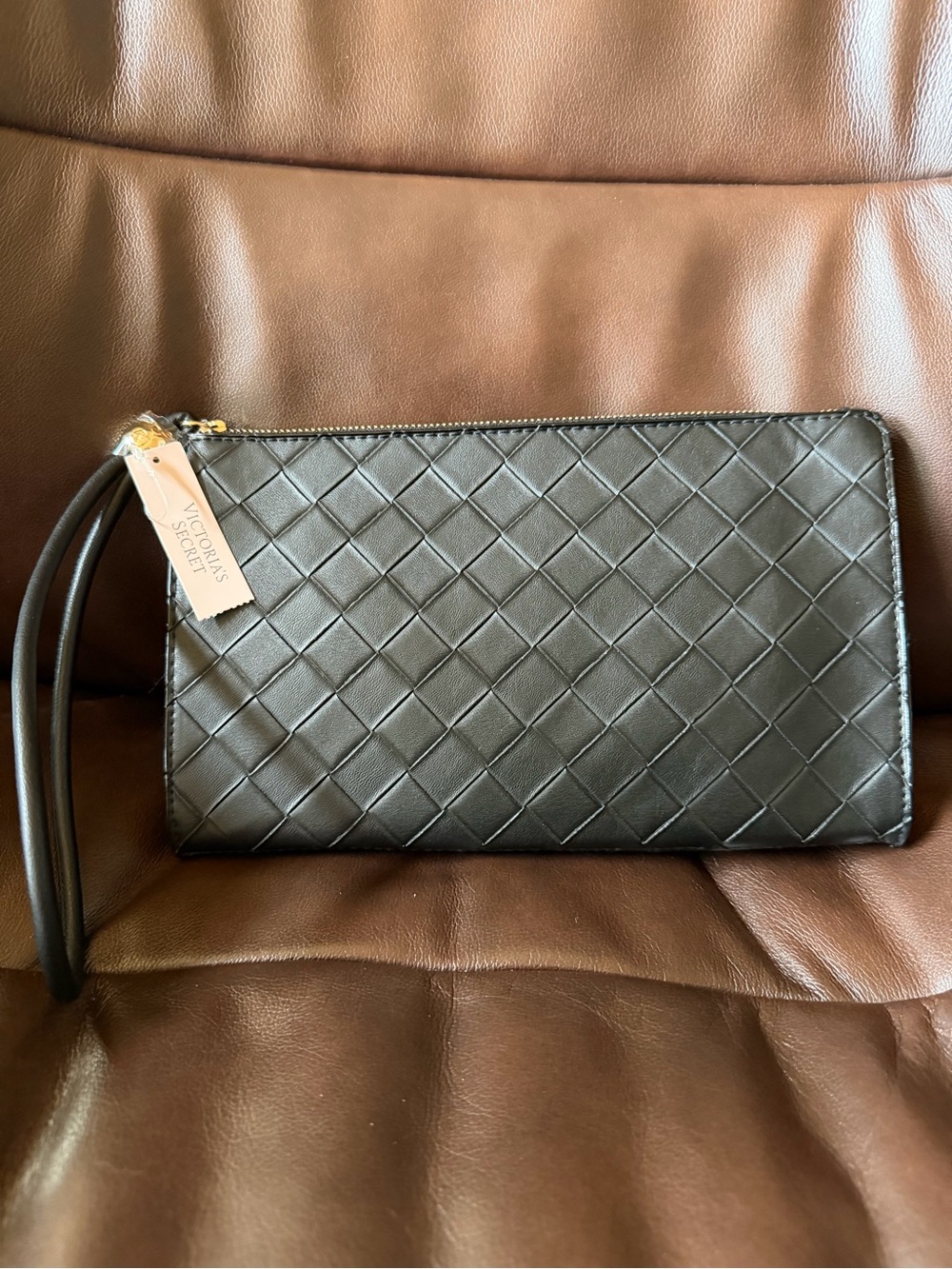 Victoria's Secret Black Woven Diamond Faux Leather Wristlet - NWT